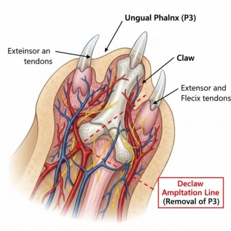 drawing of a cat's paw to show where declawing happens.